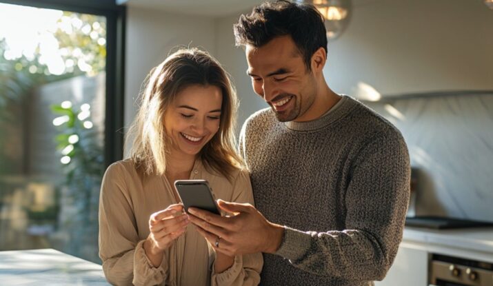 Man and woman looking at a phone together and smiling